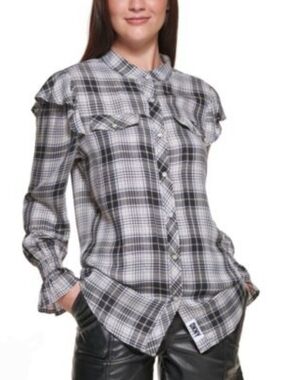 DKNY Jeans Chic Ruffled Plaid Button-Up Shirt